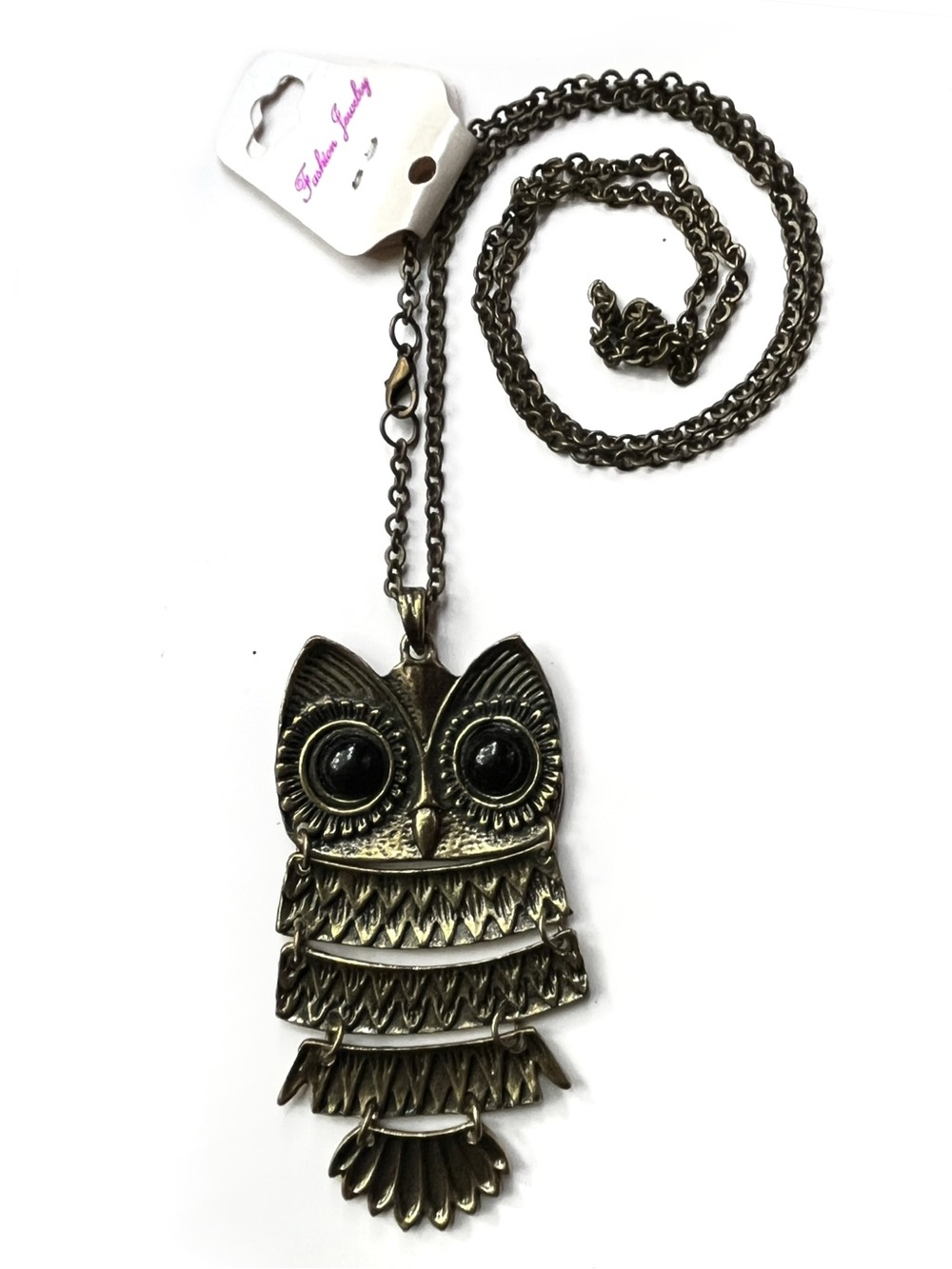 Vintage 36” Articulated 90’s Owl Pendant Necklace Antiqued Bronze Chain NOS